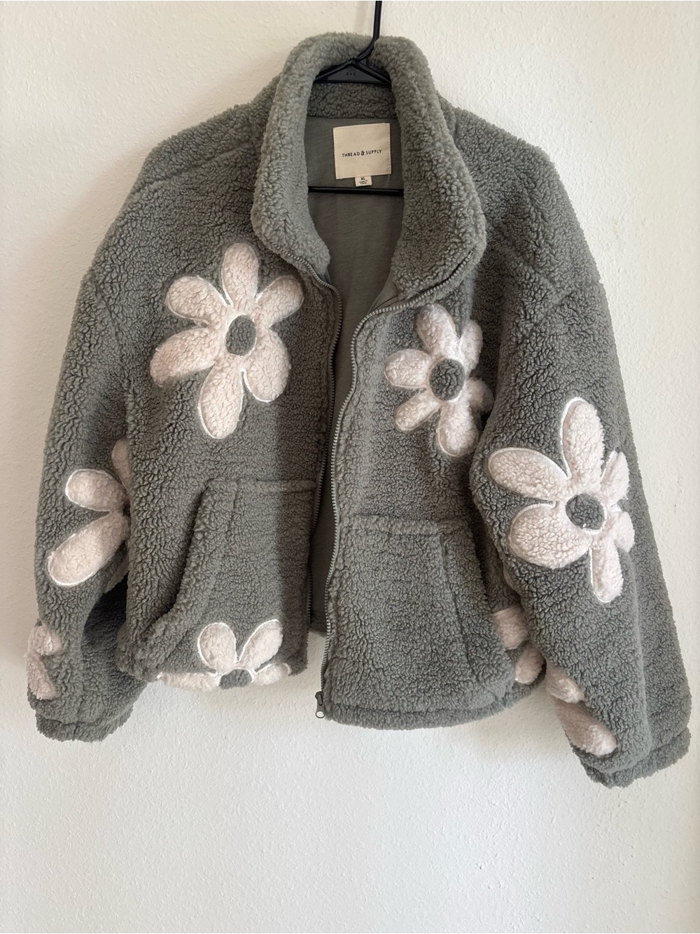 Thread & Supply Gray Teddy Puffer Jacket with White Daisy Appliqués